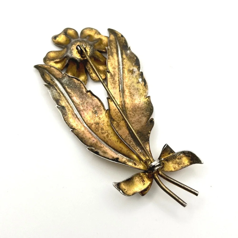Vintage Sterling Silver Gold‎ Vermeil Flower Leaf Bow Brooch Pin 14.8g 3.25in